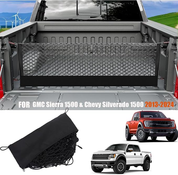 Envelope Style Cargo Net Compatible with 2013-2025 2026 Chevy Silverado & GMC Sierra 1500/2500HD/3500HD Accessories Highly Elastic Truck Bed Cargo Net with Storage Bag- Upgraded 5mm Bungee