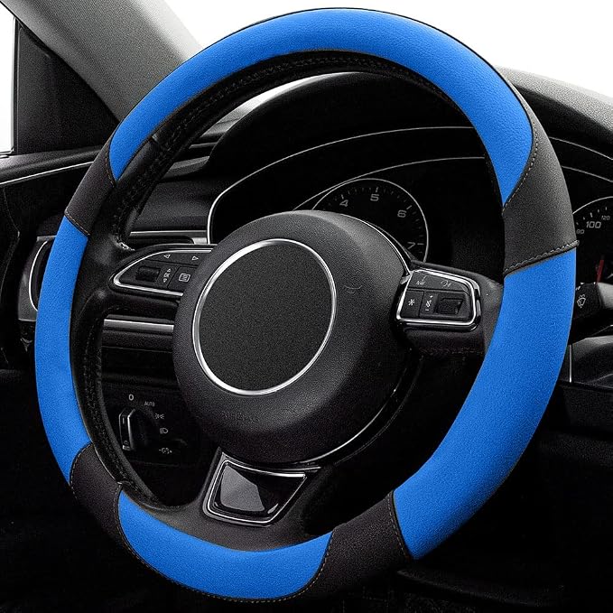 Black and Blue Microfiber Leather Steering Wheel Cover，Universal 15 inch Steering Wheel Covers for Car Truck SUV，Breathable, Anti Slip & Odor Free(Black+Blue)…