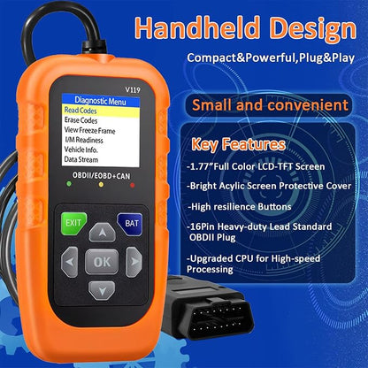V119 OBD2 Scanner Code Reader, Check Engine Light Diagnostic Tool, Car Voltage Tester for Vehicles Since 1996