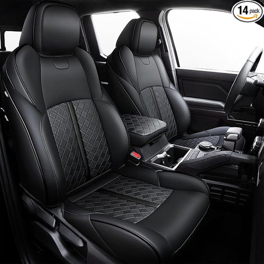 Carlimeki Leather Seat Covers Custom Fit for Tacoma Gen 4th (2024-2026) Double Cab, for SR, SR5, TRD PreRunner, TRD Sport, TRD Off-Road, Limited, Trailhunter - Armrest Covers Included - Fully Covered