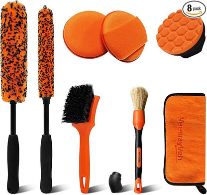 YeewayVeh 8PCS Ultimate Wheel and Tire Brush Kit | 2-Size 360° Bendable Wheel Brushes, Boar Hair Detailing Brush, Tire Shine Applicators & Microfiber Towel, Car Wheel Detailing Cleaning Supplies Kit