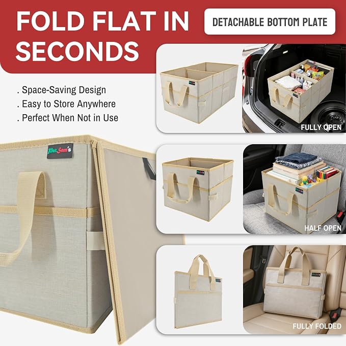 PAT SAM'S Car Trunk Organizer for SUV, Foldable Collapsible Storage Organizer with Dividers, Non-Slip Waterproof 600D Oxford, Backseat & Trunk Storage for Groceries, Tools, Toys (Beige)