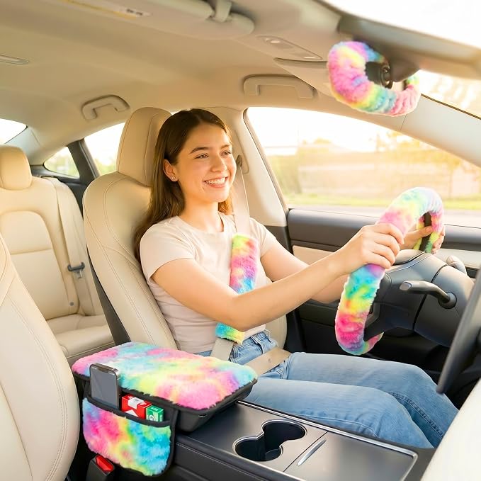 5 Pcs Fuzzy Tie Dye Rainbow Car Accessories Set, Soft Fluffy Plush Steering Wheel Cover, Center Console Armrest Pad & Rearview Mirror Cover - Interior Decorations for Women,Universal Fit (Candy)