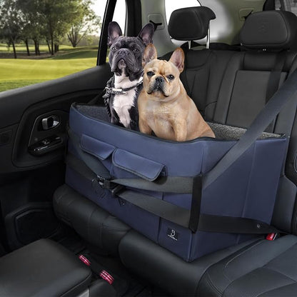 A 4 Pet Dog Car Seat for Medium/Large Dog or 2 Small Dogs, Booster Travel Pet Seat with 2 Safety Seat Belts & Storage Bags, Portable Comfortable Pet Seat for Dogs Under 55 lbs