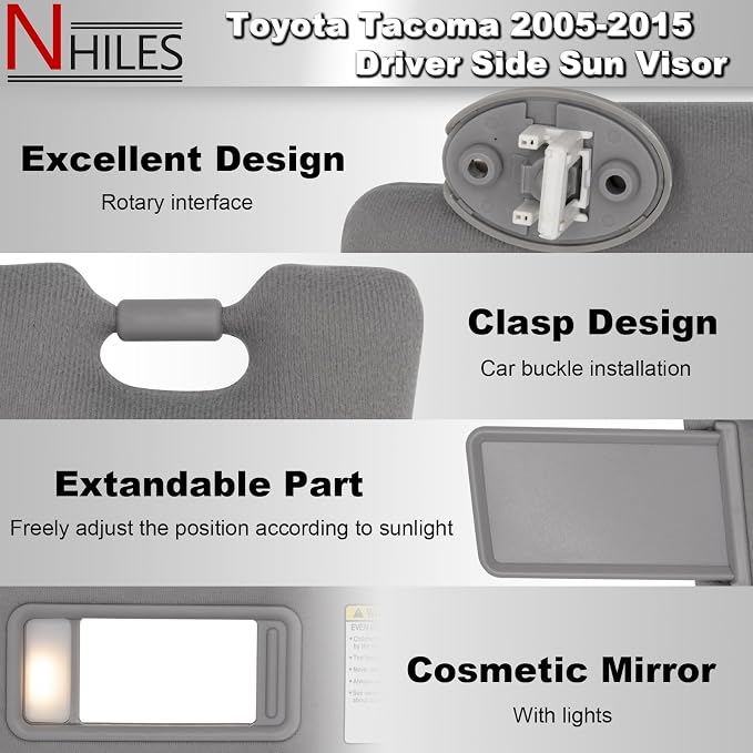 NHILES Driver & Passenger Side Sun Visor Replacement Fits for Toyota Tacoma 2005-2015 Sunshade with Light 7432004210B0 7431004120B0 Color Gray