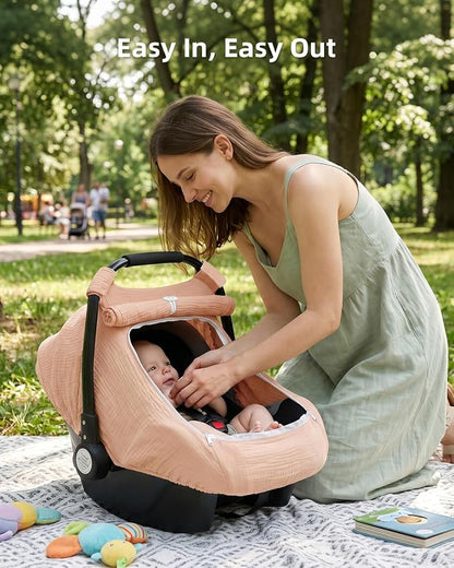 Rquite Car Seat Cover Baby Girl Boy, 100% Muslin Cotton Carseat Covers, Breathable Infant Windproof Canopy with Mesh Window, Stroller Sun Shade for Summer & Hot Day, Dusty Rose