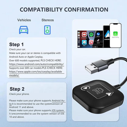 Wireless CarPlay & Android Auto Car Adapter 2 in 1 for Wired Cars - Faster Connection, Plug & Play - Fit for Apple iPhone iOS 10+ Android