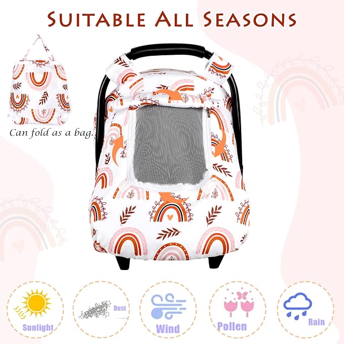 Pea Pod Baby Car Seat Cover Girls, Infant Rainbow Car Seat Covers Canopy for Newborn,2 Layers Windows of Breathable Mesh/Fabric, Lightweight Polyester/Minky Dot Backing, Snug Fit Most Baby Car Seat