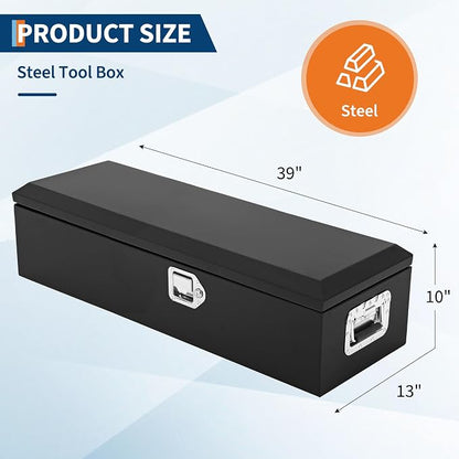 Garvee Black Steel Truck Bed Tool Box, Diamond Plate Tool Box with Side Handle and Lock Keys, Storage Toolbox Chest Box Organizer for Pickup, Truck Bed, RV, Trailer