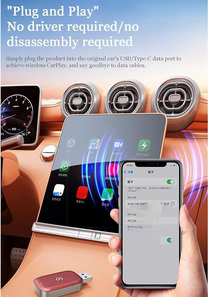 for Ford Fiesta/Fiesta Zetec S/Fiesta Mountune/Fiesta St 2000-2026, Wireless Carplay Mini Adapter Effortlessly Convert Wired to Wireless CarPlay USB Plug Play Adapter,A/Black