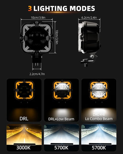 4 Inch LED Pods Off Road Lights, 90W 12000LM Amber Fog Lights with X DRL & Wiring Harness, IP67 Waterproof Spot Flood Combo for Trucks SUV ATV UTV - 2PCS