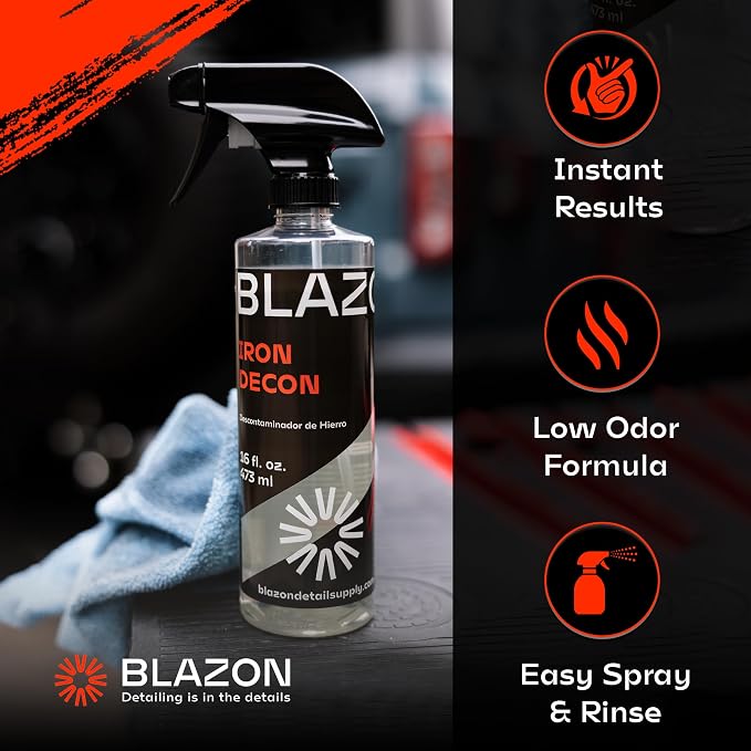BLAZON Iron Decon - Heavy Duty Iron Remover & Wheel Cleaner, 2X Concentration for Rapid Removal of Iron Buildup, Brake Dust, and Rust Spots, Low Odor Formula - Citrus Scent - 16 Oz
