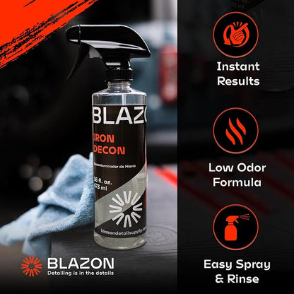 BLAZON Iron Decon - Heavy Duty Iron Remover & Wheel Cleaner, 2X Concentration for Rapid Removal of Iron Buildup, Brake Dust, and Rust Spots, Low Odor Formula - Citrus Scent - 16 Oz