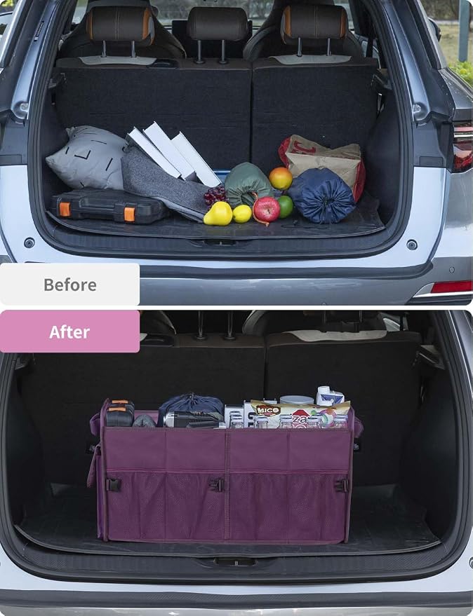 YOHOOLYO Car Trunk Organizer for SUV 72L Large Capacity Collapsible 4 Compartment Storage, Multicolor Car Accessories for Women/Men, Purple