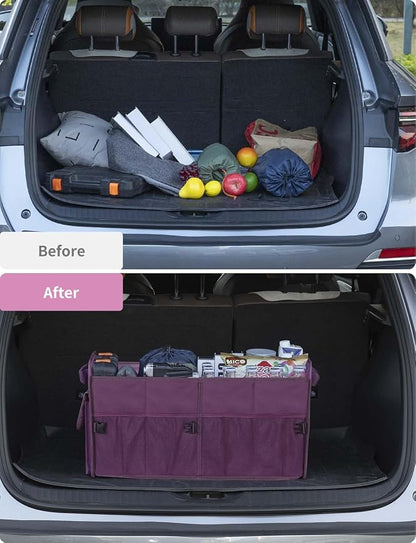 YOHOOLYO Car Trunk Organizer for SUV 72L Large Capacity Collapsible 4 Compartment Storage, Multicolor Car Accessories for Women/Men, Purple