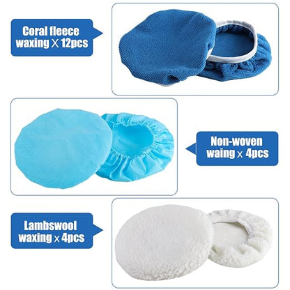 20 Pieces Polishing Bonnet Pads,Car Polisher Pad Bonnet 7-8 Inch, Car Buffer Bonnets Microfiber Bonnet Waxers Bonnet Set,Mix Pack 12 Microfiber 4 Non Woven 4 Woolen for Car Polisher