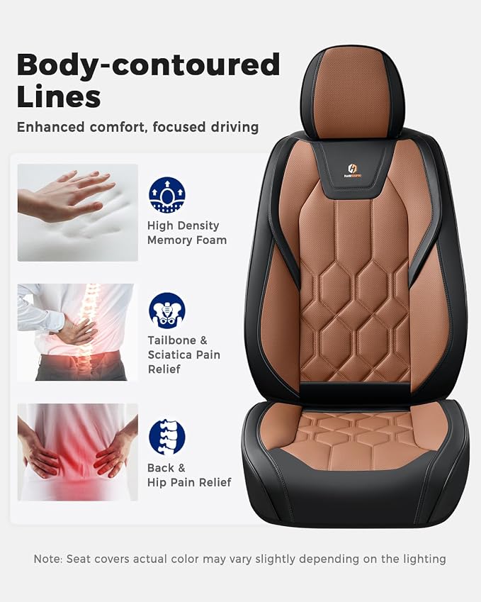 Huidasource Front Seat Covers, Universal Fit for Most Cars SUV Trucks, Full Coverage Leather Seat Cover, Airbag Compatble, Seat Function Retain, Storage Pocket Design, Easy to Install, Black & Brown