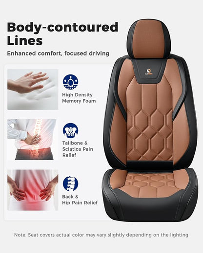 Huidasource Front Seat Covers, Universal Fit for Most Cars SUV Trucks, Full Coverage Leather Seat Cover, Airbag Compatble, Seat Function Retain, Storage Pocket Design, Easy to Install, Black & Brown