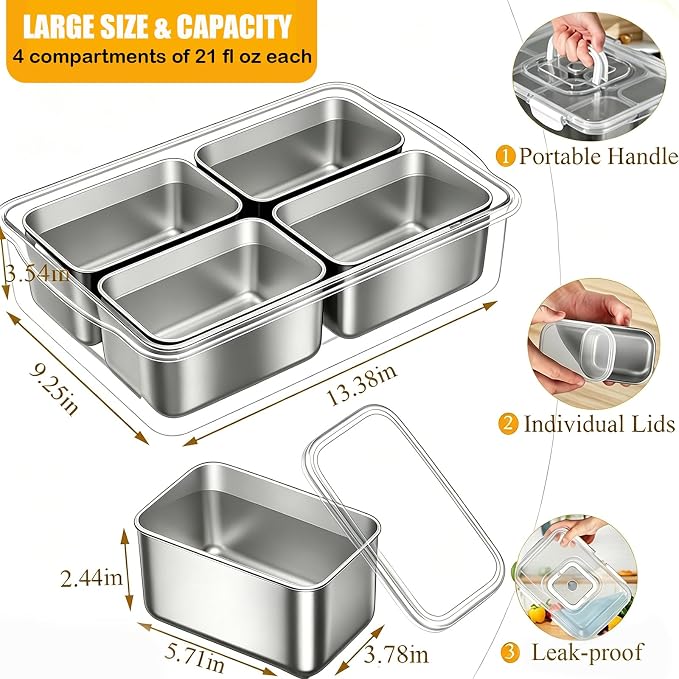 Snackle Box Container, Stainless Steel Divided Serving Tray with Lid and Handle, Large Snack Tray for Fruit Veggie Candy, 4-Compartment Snack Platter for Travel Party Beach Picnic