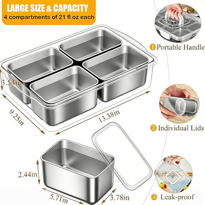 Snackle Box Container, Stainless Steel Divided Serving Tray with Lid and Handle, Large Snack Tray for Fruit Veggie Candy, 4-Compartment Snack Platter for Travel Party Beach Picnic