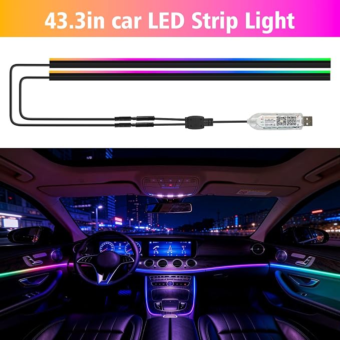 118" Acrylic Interior Car Lights, 0.08in Ultra-Thin Thickness Ambient Lighting Kits with Smart APP, RGB 2 in 1 USB Powered Car LED Strip Light Music Sync Neon Strip for Vehicle (2 * 59in)