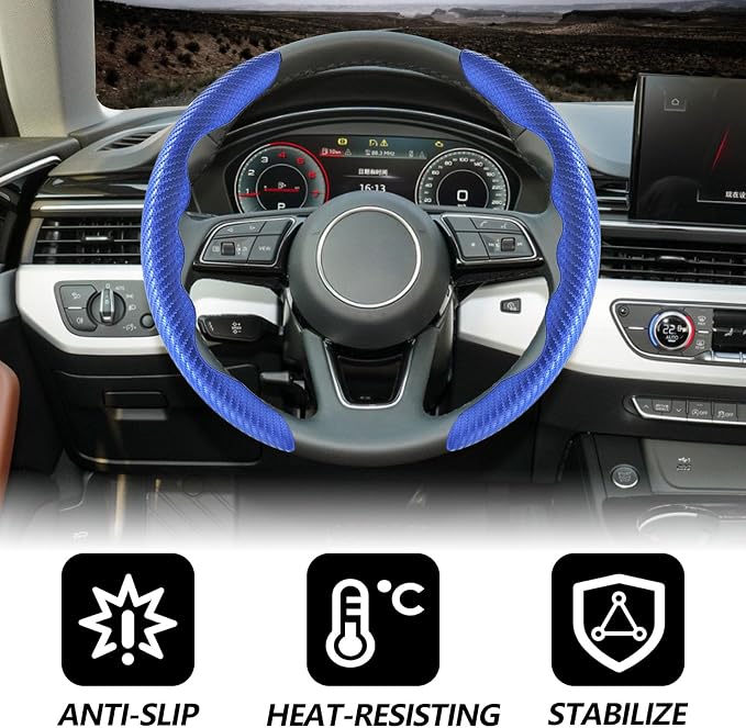 2pcs Universal Fit Carbon Fiber Steering Wheel Cover, Anti-Skid Steering Wheel Cover/Segmented Steering Wheel Protector/Car Interior Accessories (Blue)