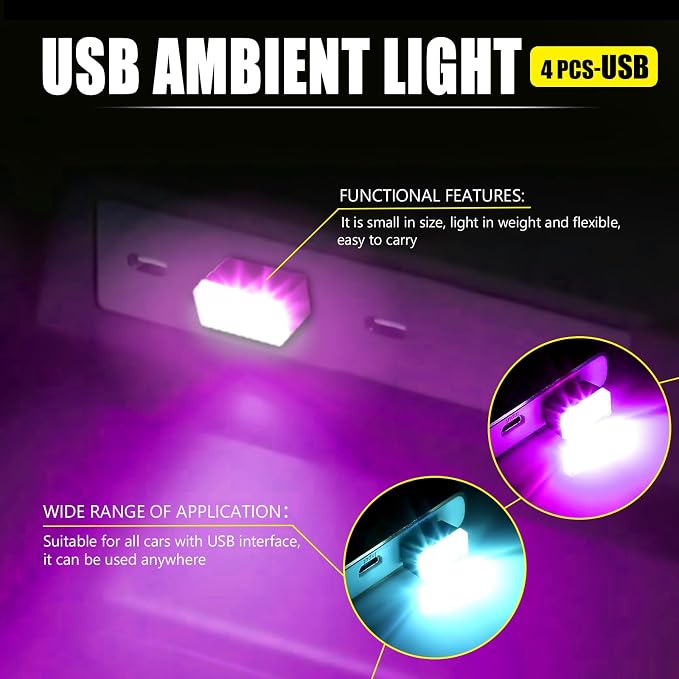 4 PCS USB LED Car Interior Atmosphere Lamp, Portable Mini Auto LED Decor Night Light, Plug-in USB Interface Ambient Lighting Kit, Universal Car Interior Accessories (Purple+Ice Blue)