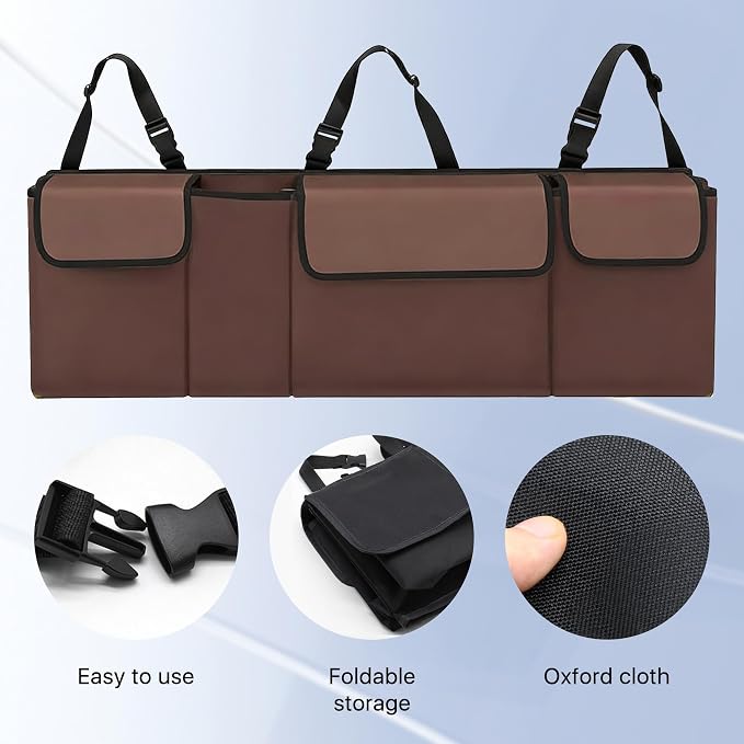 Car Trunk Organizer, Waterproof Backseat Hanging Large Storage with Adjustable Straps, Collapsible Cargo Bag with 4 Pockets, Car Interior Accessories for Truck, SUV, MPV (Brown)
