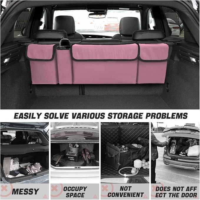 AUCELI Car Trunk Organizer, Backseat Hanging Large Storage with Adjustable Straps, Waterproof Collapsible Cargo Bag with 4 Pockets, Sturdy Space Saver Frees Trunk Floor for SUV, Truck, MPV