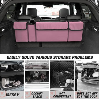 AUCELI Car Trunk Organizer, Backseat Hanging Large Storage with Adjustable Straps, Waterproof Collapsible Cargo Bag with 4 Pockets, Sturdy Space Saver Frees Trunk Floor for SUV, Truck, MPV