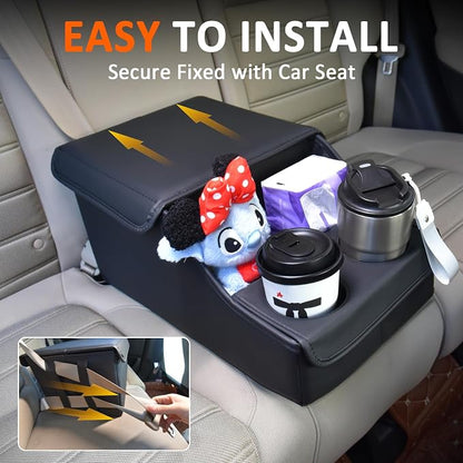 Backseat Car Organizer, Middle Seat Organizer With 4 Storage Compartments 2 Cup Holders, Back Seat Center Hand Rest Toy Storage for Toddler Kids Family Travel Roadtrip Essentials for SUV Truck Van