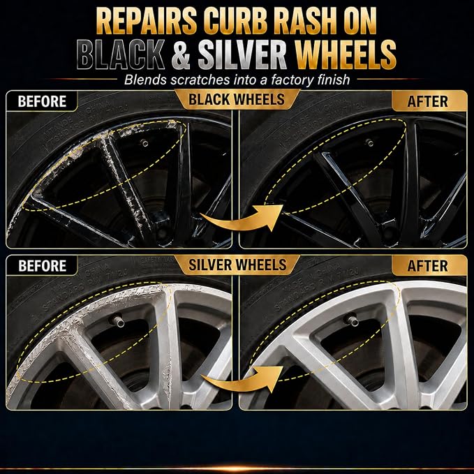 Pure Black Rim Touch Up Paint - Wheel Scratch Repair Kit for Curb Rash & Scratches, Quick and Easy Rim Paint for Wheel Repair, Universal Pure Black