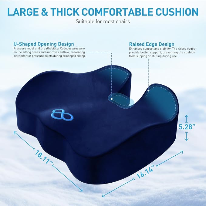 BlissTrends Seat Cushion,5.2in Thick Memory Foam Cushions for Office Chair, Car Seat, Airplane, Relieving Pressure Tailbone Sciatica Back Pain for Long Sitting Office Workers, Car Drivers Blue