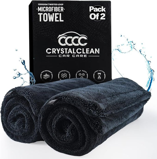 Crystal Clean 2-Pack 1300GSM Microfiber Towels for Cars – XL (24 x 36 inch) Car Drying Towel with Double Twisted Loop, Detailing Towels for Cars - Quick Dry, Paint Safe & Swirl-Free