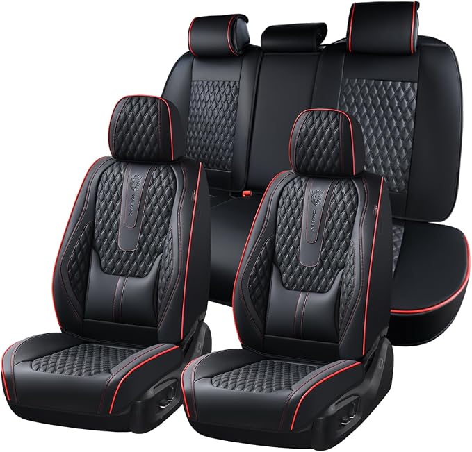 Coverado Car Seat Covers Full Set, Nappa Leather Seat Covers for Car, Waterproof Car Seat Protector with Lumbar Support, Automotive Seat Covers Universal Fit for Most Cars SUV Trucks (Black-Red line)