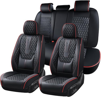 Coverado Car Seat Covers Full Set, Nappa Leather Seat Covers for Car, Waterproof Car Seat Protector with Lumbar Support, Automotive Seat Covers Universal Fit for Most Cars SUV Trucks (Black-Red line)