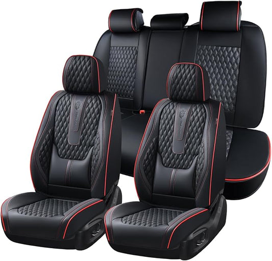 Coverado Car Seat Covers Full Set, Nappa Leather Seat Covers for Car, Waterproof Car Seat Protector with Lumbar Support, Automotive Seat Covers Universal Fit for Most Cars SUV Trucks (Black-Red line)