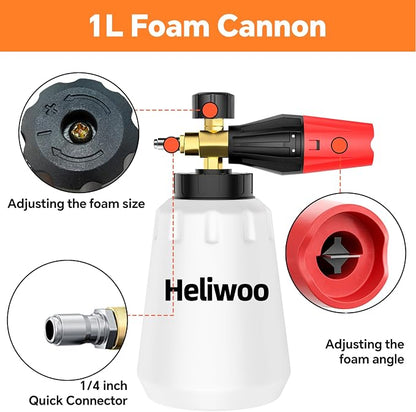 Short Pressure Washer Gun with Foam Cannon 5000 PSI, 1/4 Inch Quick Connector, with 5 Pressure Washer Nozzle Tips, 1 Liter Dual Connector