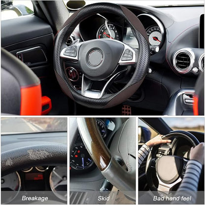 Steering Wheel Cover for Women and Men, Carbon Fiber Plush Steering Wheel Cover Soft Anti-Slip Comforting, Universal 15 Inches Steering Wheels Accessories (Carbon Fiber Black/Coffee)