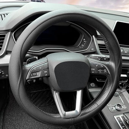 HAOTULE Leather Steering Wheel Cover， with Anti-Slip Stripe Design - Enhanced Grip, Fashion Style, Safe, Non-Slip, Breathable. Upgrade car Interior，Black