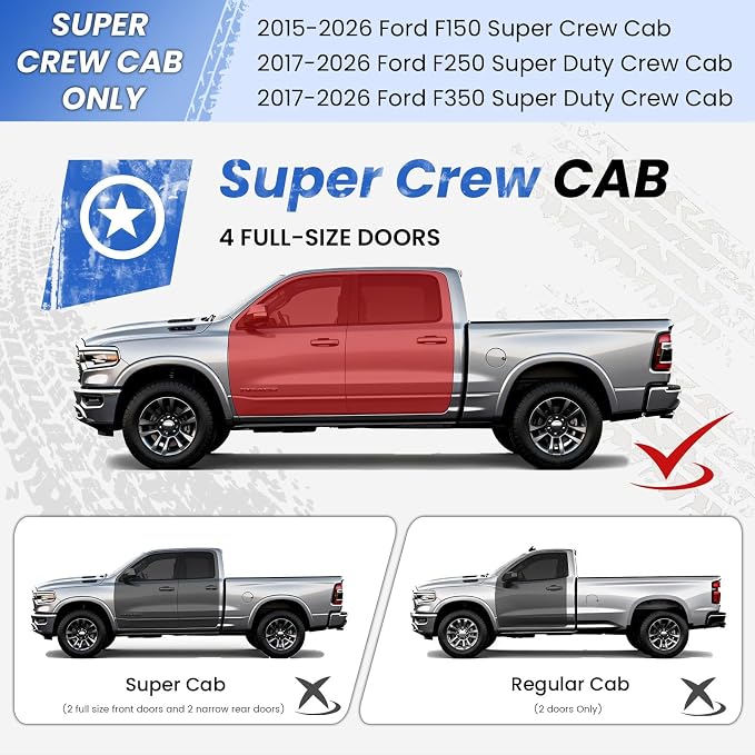 PZ 6.5" Running Boards Side Steps Compatible with for 2015-2026 Ford F-150 Super Crew Cab 4-Door,2017-2026 Ford F250 F350 Super Duty Crew Cab Mirror Stainless Steel Side Steps Nerf Bars Ridge Pattern