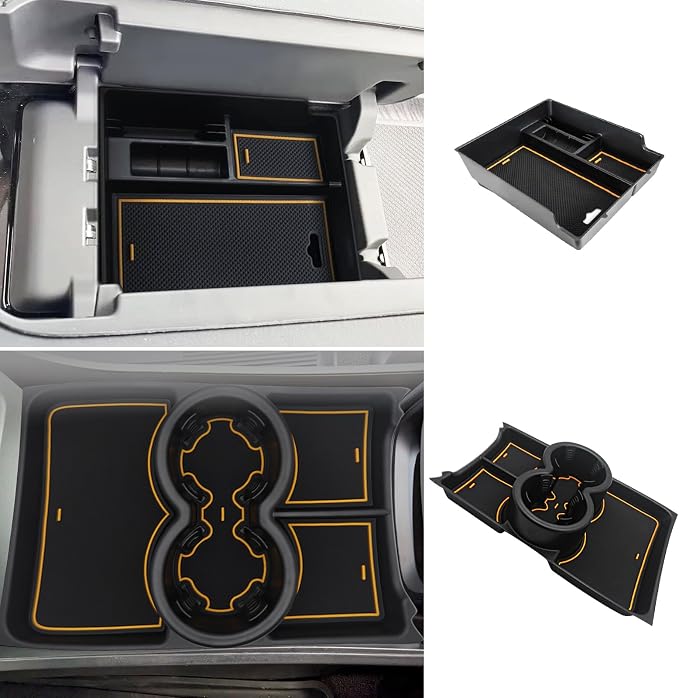BestEvMod for Rivian R1T & R1S Armrest Storage Box and Cup Holder Lower Center Console Organizer Tray 2PCS with PVC Trim Compatible with Rivian R1T/R1S 2022-2024 Accessories (2PCS Yellow)