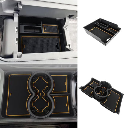 BestEvMod for Rivian R1T & R1S Armrest Storage Box and Cup Holder Lower Center Console Organizer Tray 2PCS with PVC Trim Compatible with Rivian R1T/R1S 2022-2024 Accessories (2PCS Yellow)
