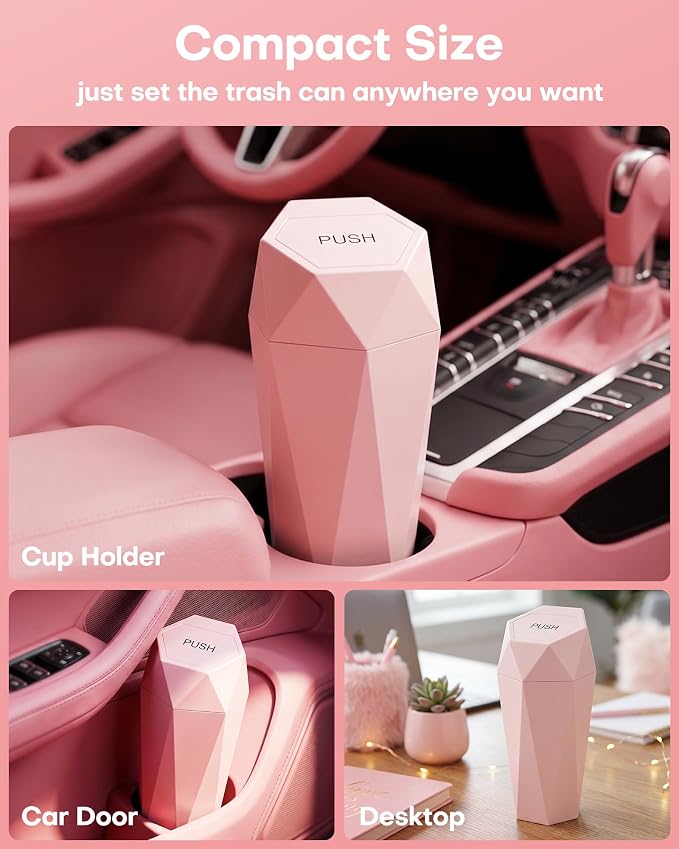 HOTOR Car Trash Can with Lid - 2 Pack, Car Accessories for Interior, Leakproof Vehicle Garbage Can with 30 Attached Trash Bags, Multipurpose Organizers and Storage for Home, Office, Pink