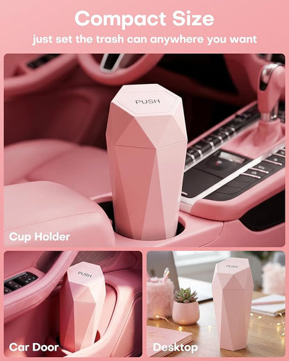 HOTOR Car Trash Can with Lid - 2 Pack, Car Accessories for Interior, Leakproof Vehicle Garbage Can with 30 Attached Trash Bags, Multipurpose Organizers and Storage for Home, Office, Pink