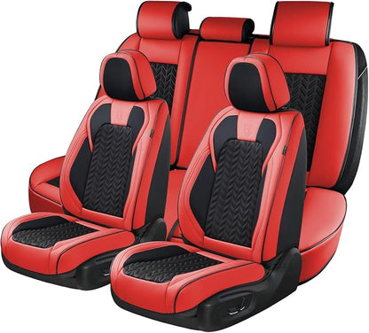 Coverado Seat Covers Full Set, 5 Seats Car Seat Cover Winter, Front and Back Seat Covers for Cars, Breathable Faux Leather Car Seat Cushion, Car Seat Protector Universal Fit for Most Cars Vans, Red