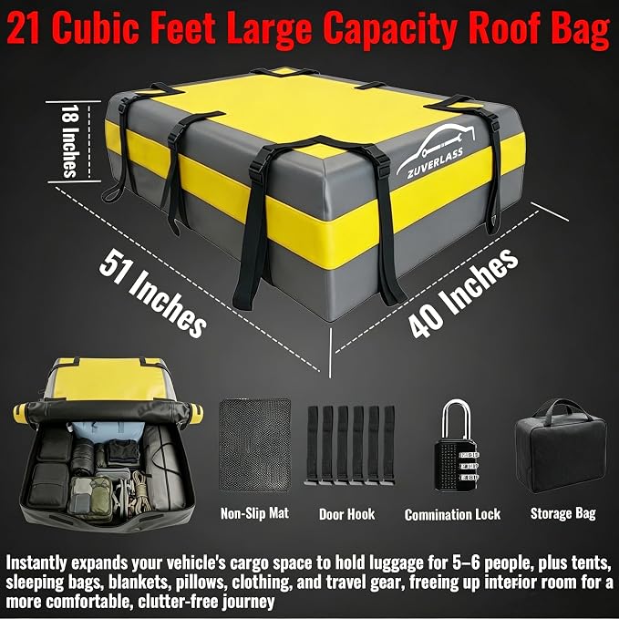 21 Cubic Feet Car Roof Cargo Carrier Bag, Waterproof Rooftop Bag for All Vehicle with/Without Racks, Soft Roof Top Storage Box with Anti-Slip Mat, 6 Door Hooks, Luggage Lock, Gray Yellow