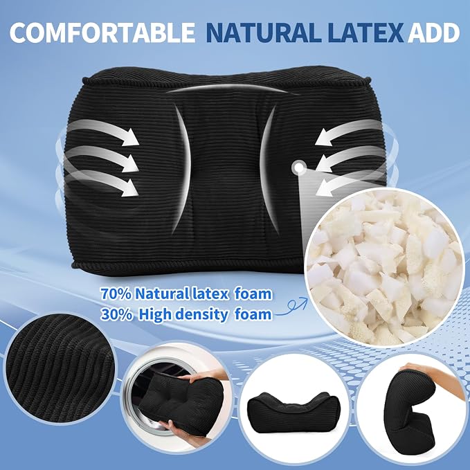Lumbar Support Pillow for Study Desk Chair, Bite-Size Natural Latex Foam Back Support Pillow for Lower Back Pain Relief, Soft & Support Corduroy Office Chair Cushion, S, Black