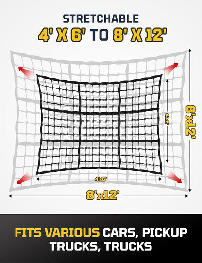 AUTOWN Cargo Net for Pickup Truck Bed - Stretchable 4' x 6' to 8' x 12' with 4" x 4" Mesh, Heavy Duty 10mm Cord Bungee Bed Netting with 12 Metal Carabiners - Ideal for ATV, SUV, UTV and Truck