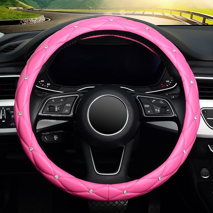 KAFEEK Diamond Leather Steering Wheel Cover with Bling Bling Crystal Rhinestones, Universal 15 inch,Dark Pink